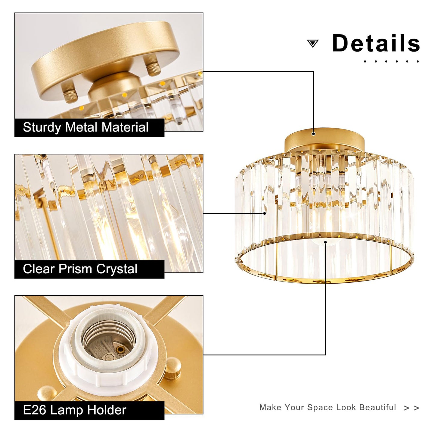 Gold Ceiling Light Fixture Crystal Ceiling Lamp for Kitchen Living Room Bathroom Entryway Bedroom