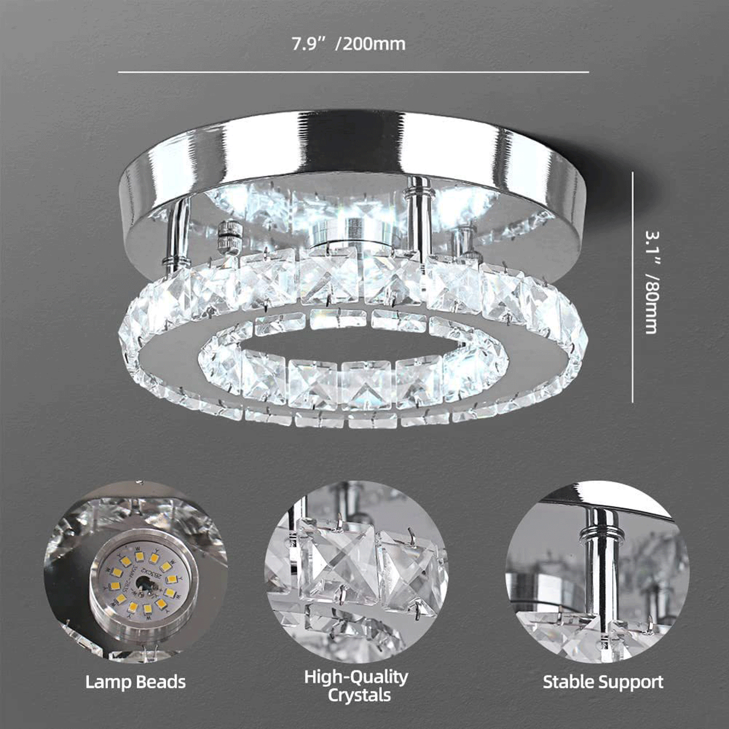 Led Crystal Ceiling Light Contemporary Mini Chandelier, Warm White-3200K