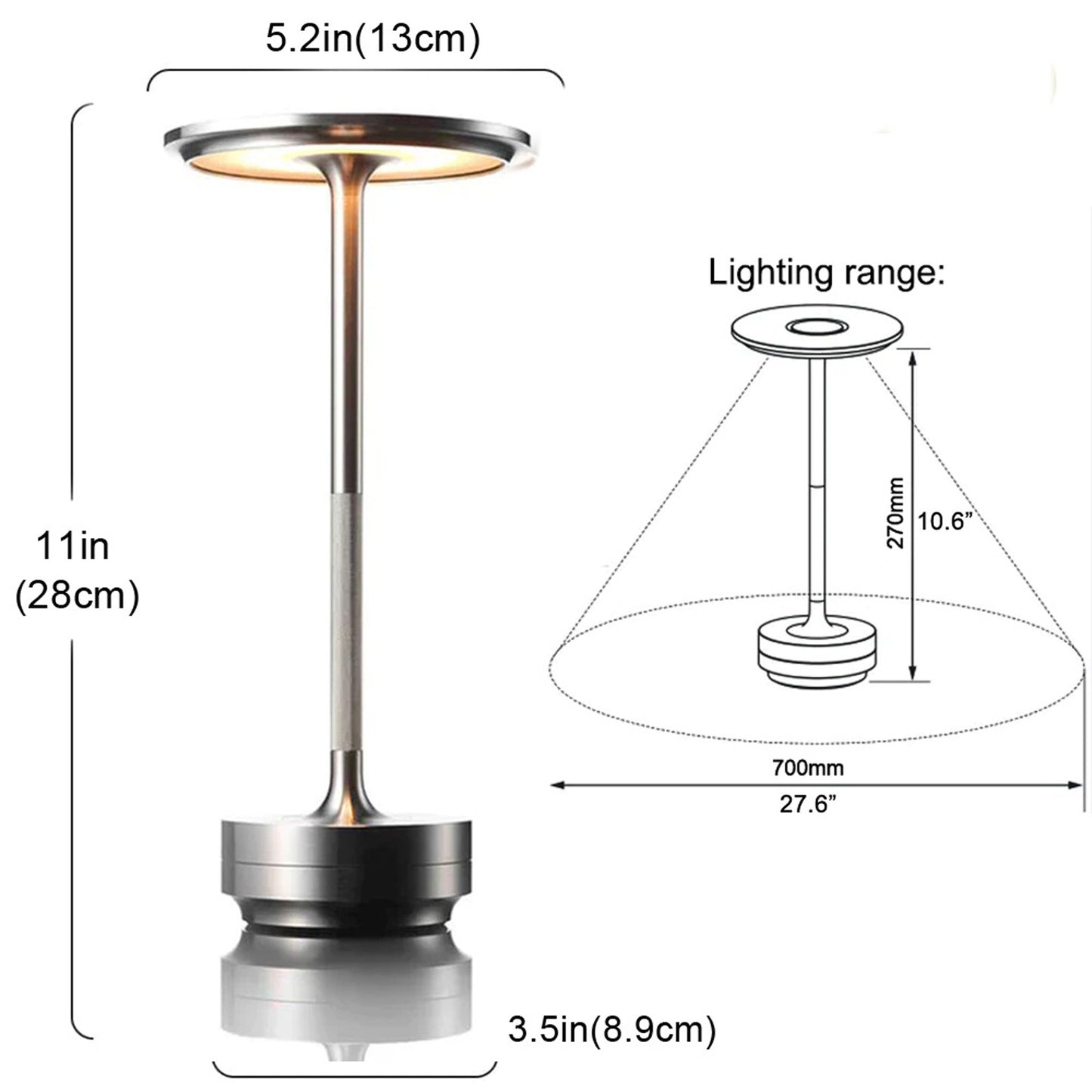 Modern LED Cordless Table Lamp,Rechargeable Wireless Table Lamp, 3 Color Stepless Dimming Night Light Touch Lamps(Silver)