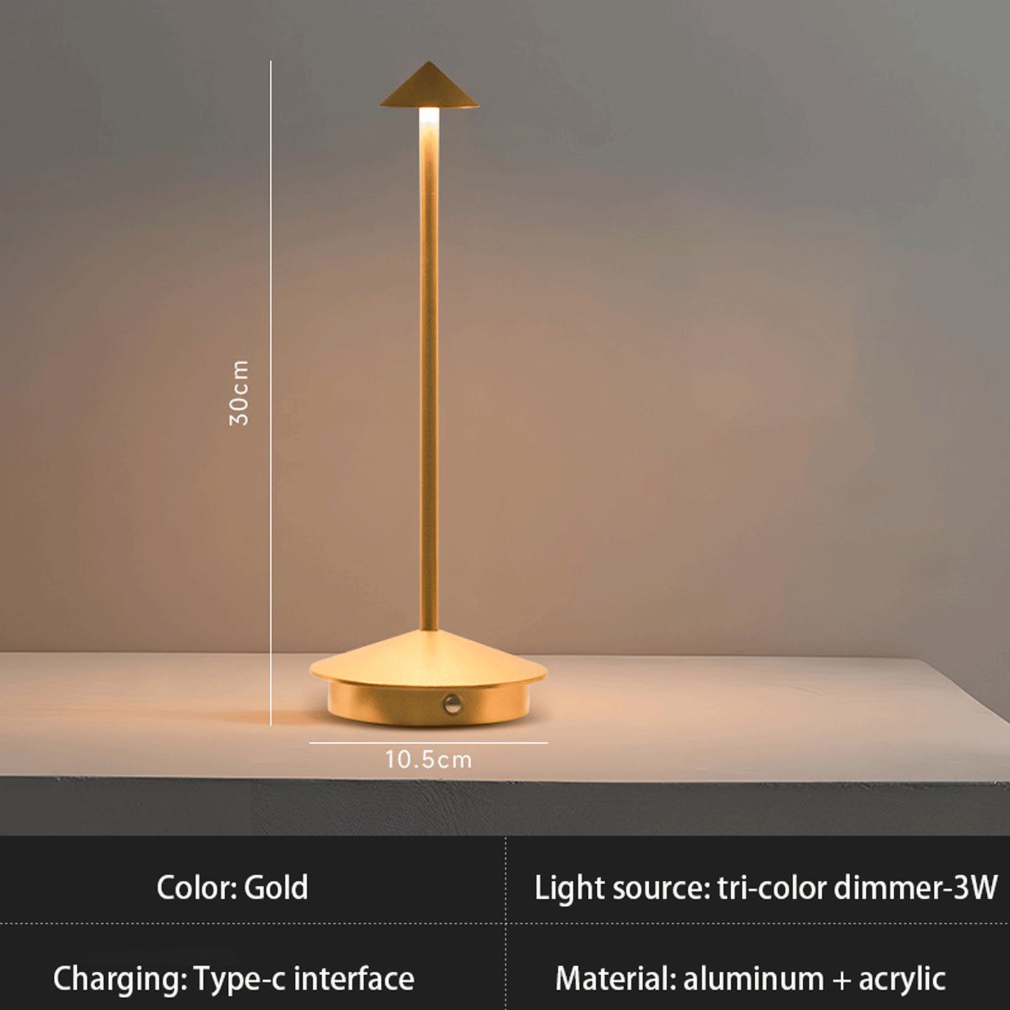 Portable Cordless Table Lamp Rechargeable Battery Operated Lighting, Gold