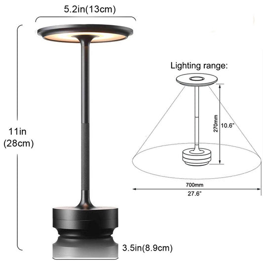 LED Cordless Table Lamp,Modern Wireless Table Lamp Rechargeable, 3 Color Stepless Dimming Night Light Touch Lamps(Black)