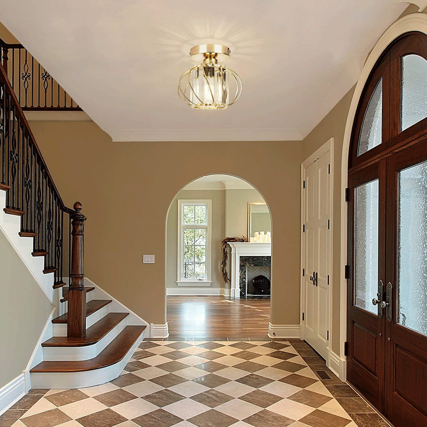Gold Crystal Ceiling Light Fixture, Flush Mount Ceiling Chandeliers for Hallway Dining Rooms Living Room(Bulb Not Included)