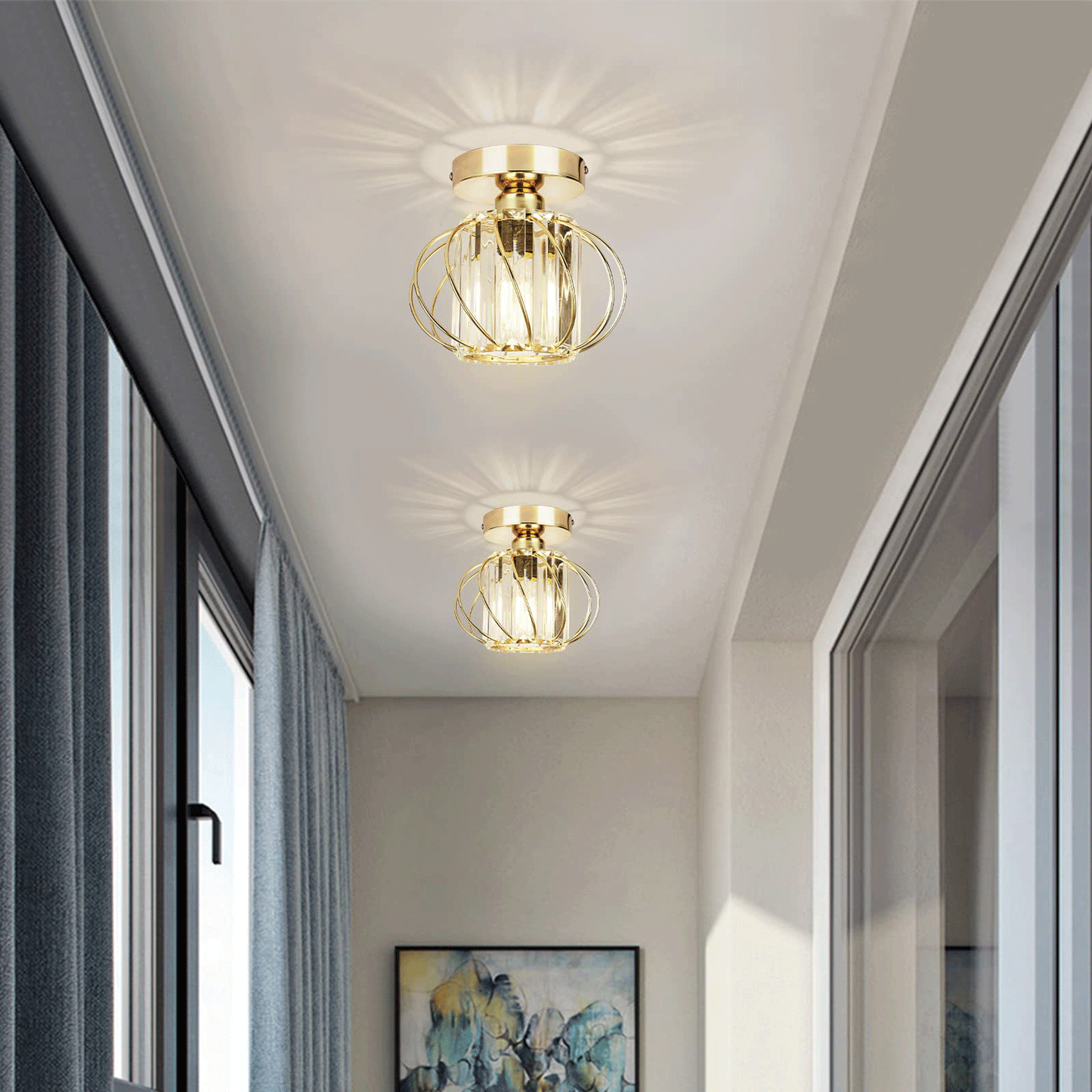 Gold Crystal Ceiling Light Fixture, Flush Mount Ceiling Chandeliers for Hallway Dining Rooms Living Room(Bulb Not Included)