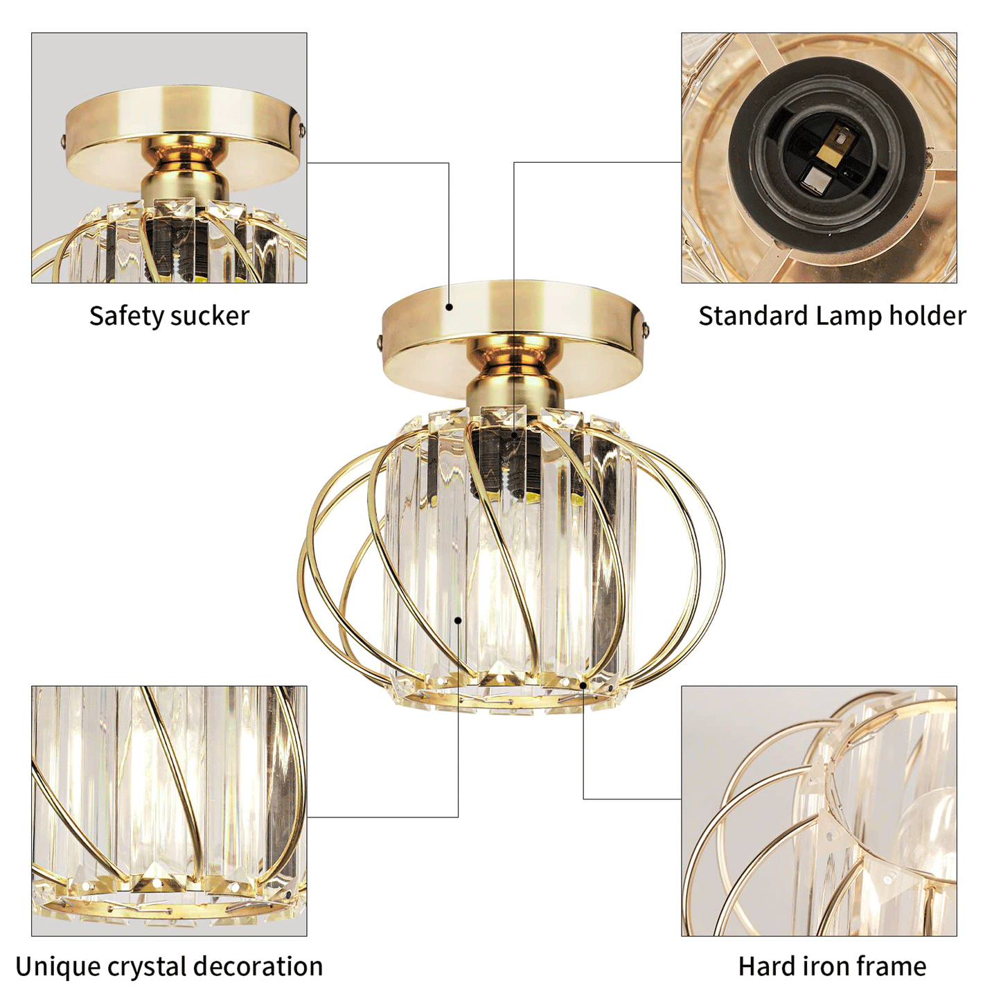 Gold Crystal Ceiling Light Fixture, Flush Mount Ceiling Chandeliers for Hallway Dining Rooms Living Room(Bulb Not Included)