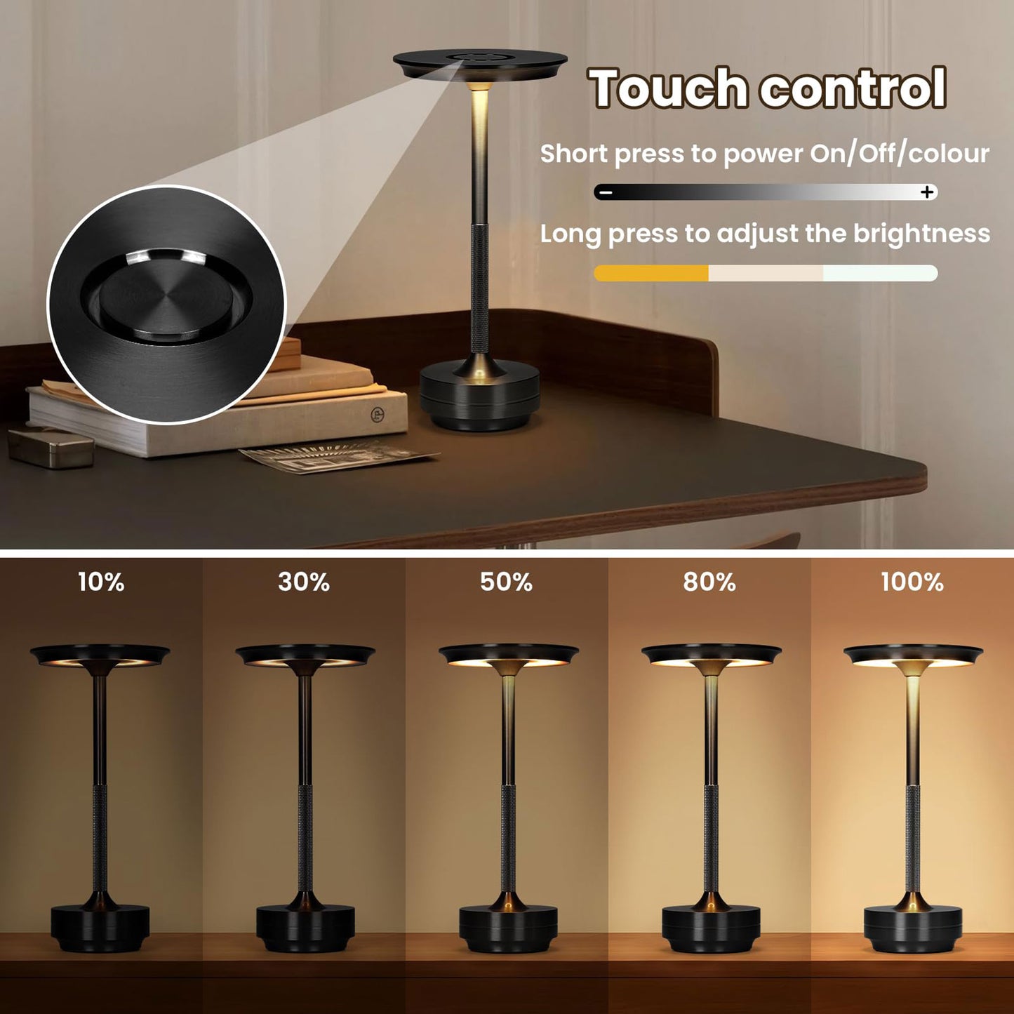 LED Cordless Table Lamp,Modern Wireless Table Lamp Rechargeable, 3 Color Stepless Dimming Night Light Touch Lamps(Black)