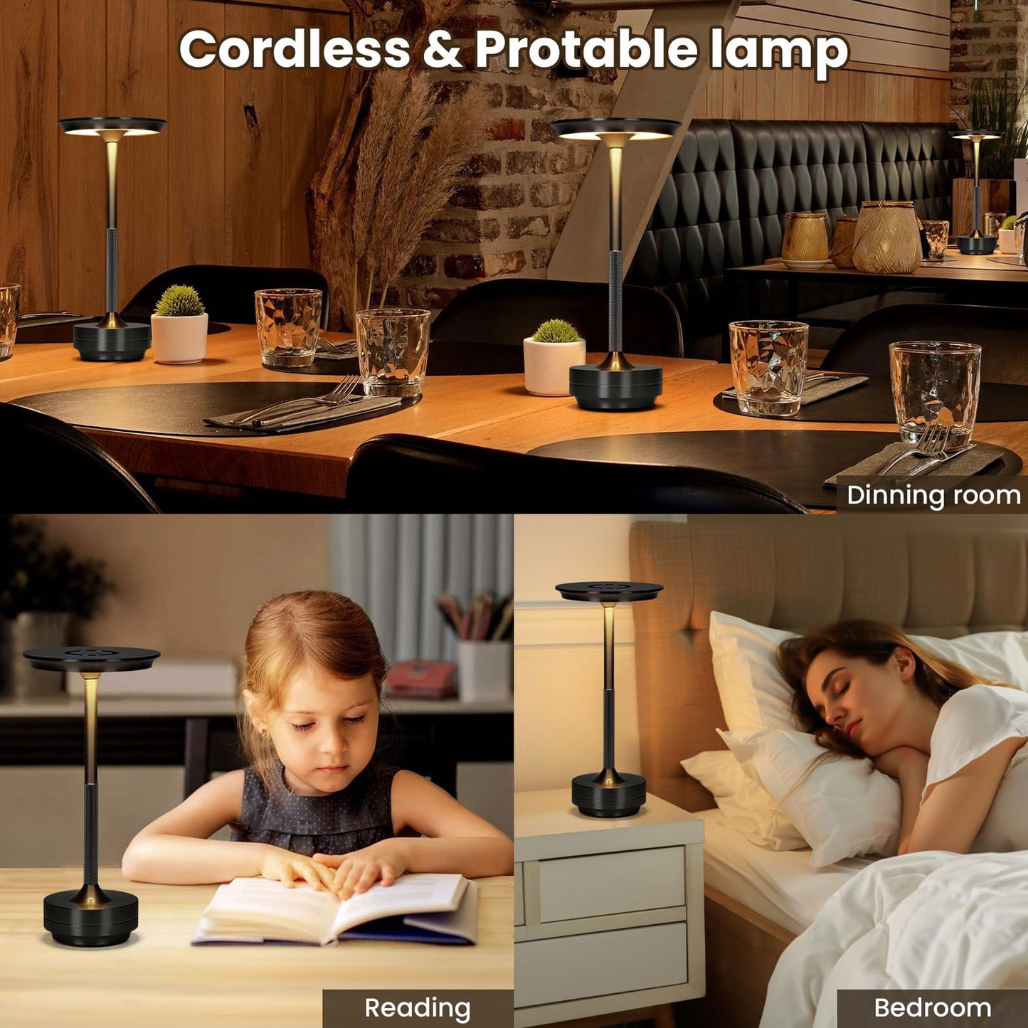 LED Cordless Table Lamp,Modern Wireless Table Lamp Rechargeable, 3 Color Stepless Dimming Night Light Touch Lamps(Black)