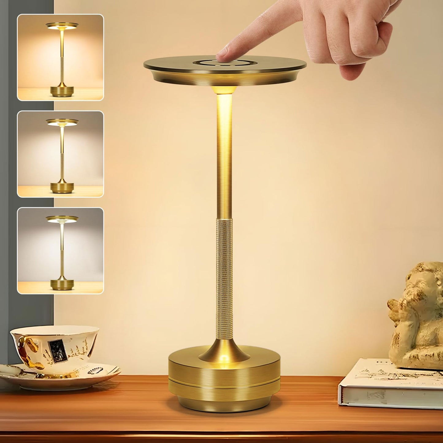 Cordless Table Lamp,Modern Wireless LED Table Lamp Rechargeable, 3 Color Stepless Dimming Night Light Touch Lamps(Gold)
