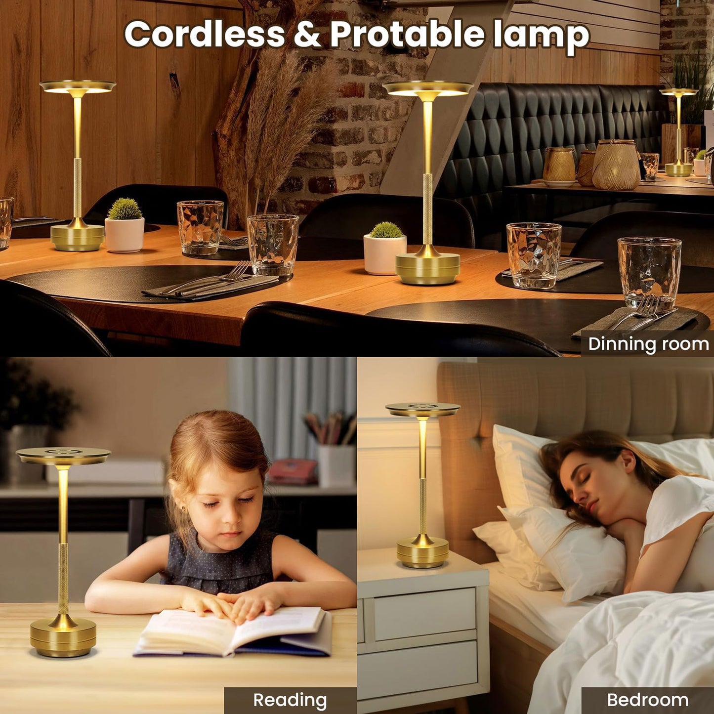 Cordless Table Lamp,Modern Wireless LED Table Lamp Rechargeable, 3 Color Stepless Dimming Night Light Touch Lamps(Gold)