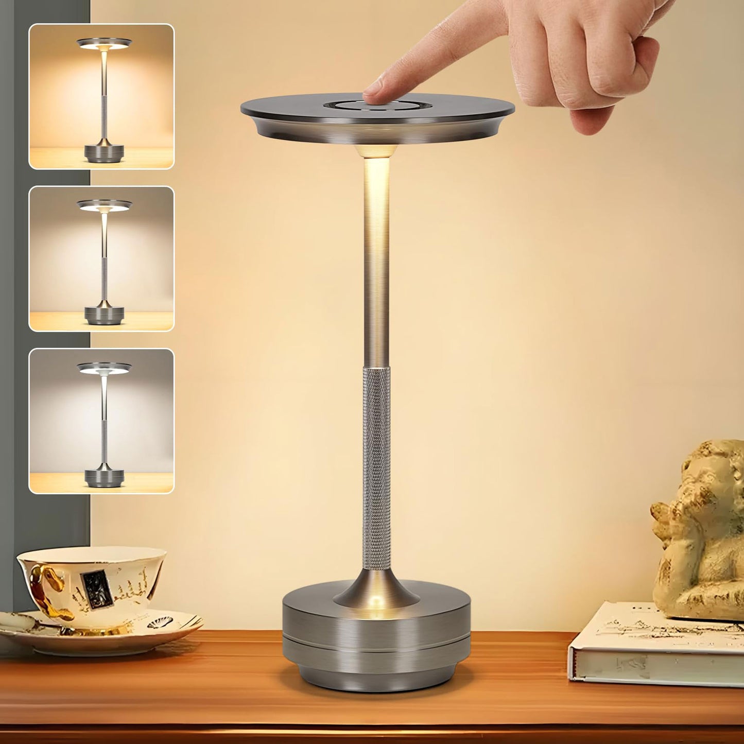 Modern LED Cordless Table Lamp,Rechargeable Wireless Table Lamp, 3 Color Stepless Dimming Night Light Touch Lamps(Silver)