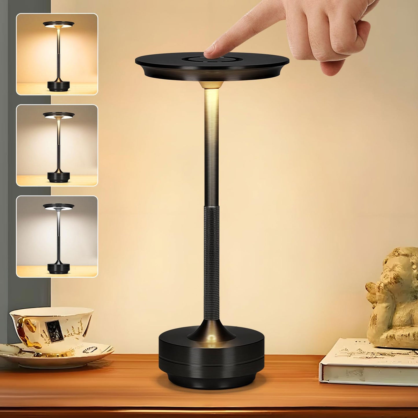 LED Cordless Table Lamp,Modern Wireless Table Lamp Rechargeable, 3 Color Stepless Dimming Night Light Touch Lamps(Black)