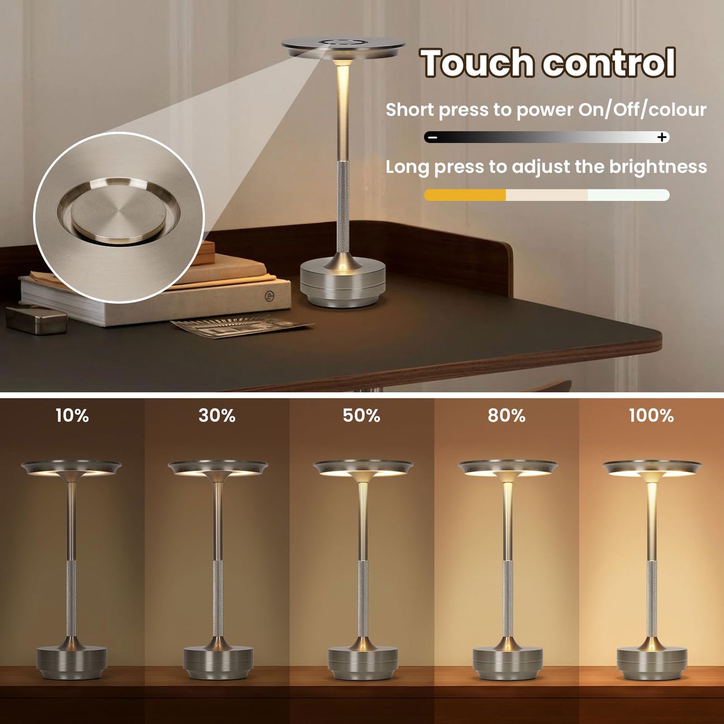 Modern LED Cordless Table Lamp,Rechargeable Wireless Table Lamp, 3 Color Stepless Dimming Night Light Touch Lamps(Silver)