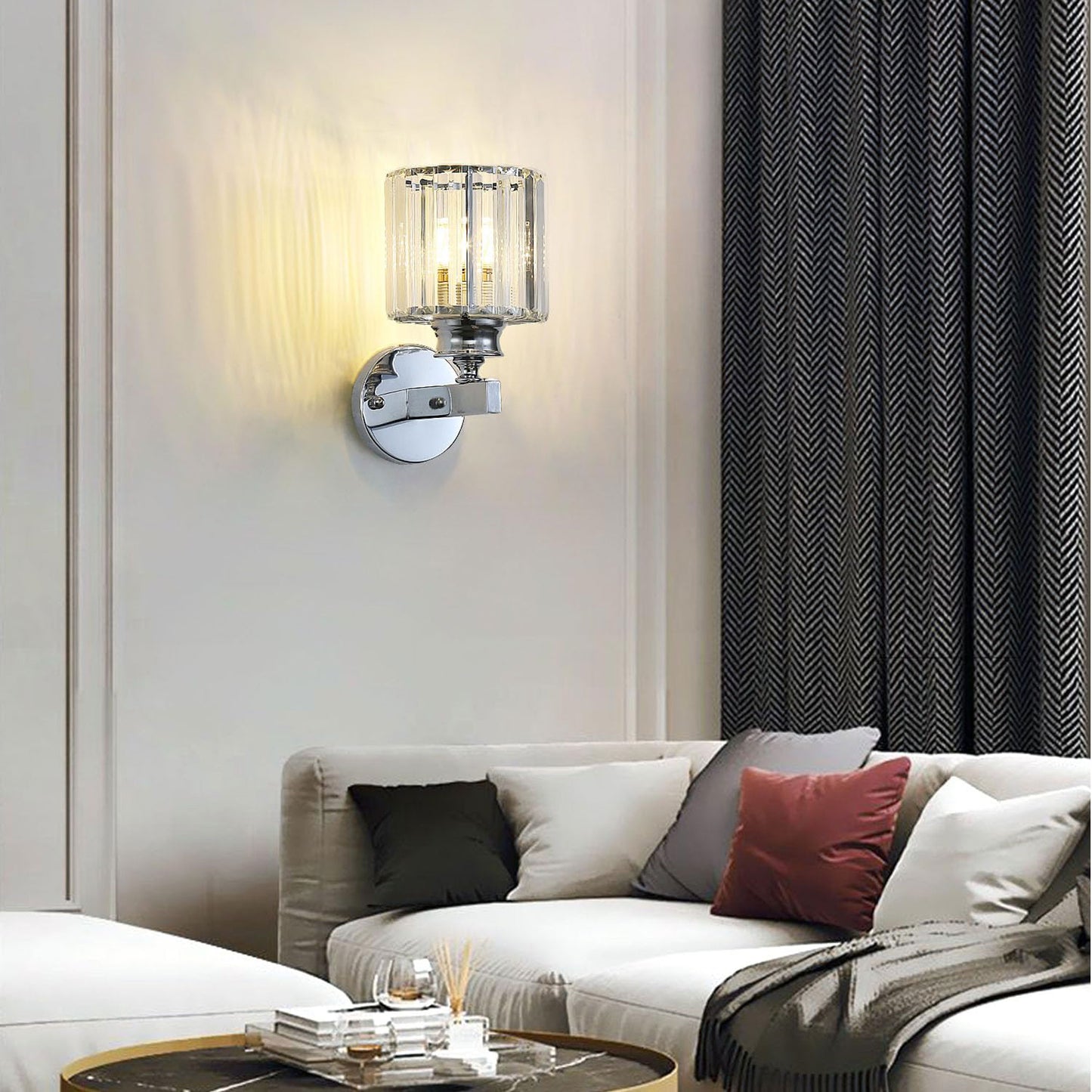 Crystal Wall Light Sconce, E27 Silver Crystal Wall Lamp, Wall Lighting Fixtures for Bedside Bedroom Living Room Hallway