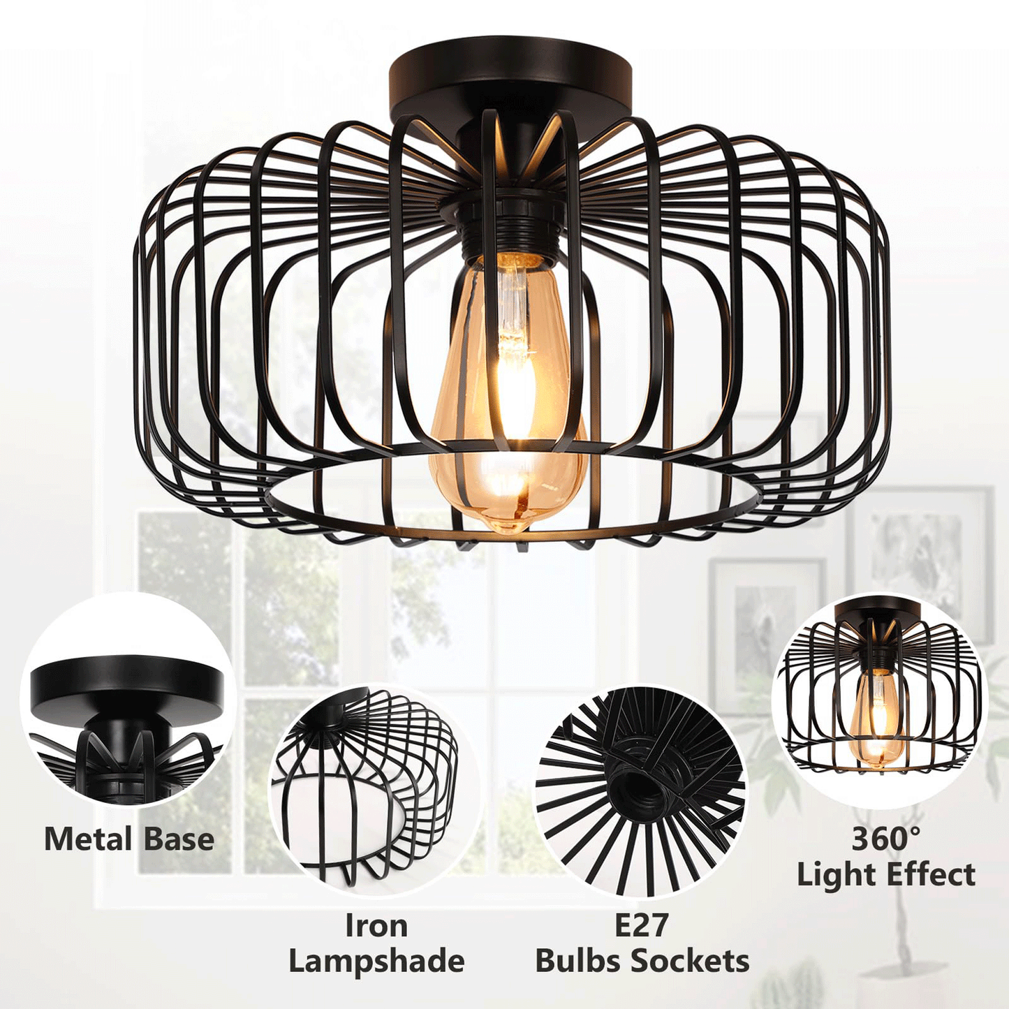 Black Modern Chandeliers Ceiling Light,Metal Cage Light Fixtures for Living Room,Kitchen,Dining Room,Bedroom(Bulb Not Included)