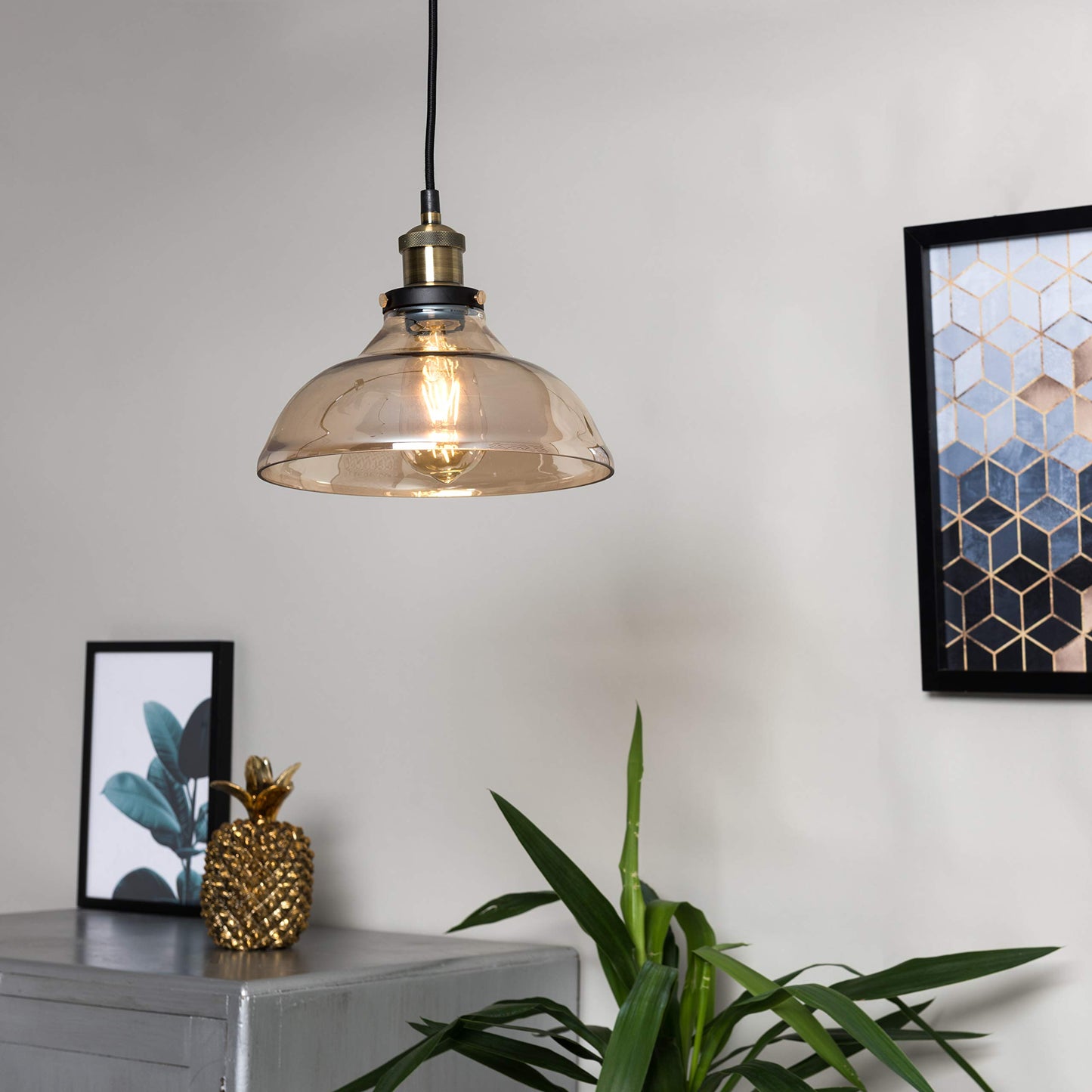 Industrial Ceiling Pendant Light with Clear or Amber Glass Shade