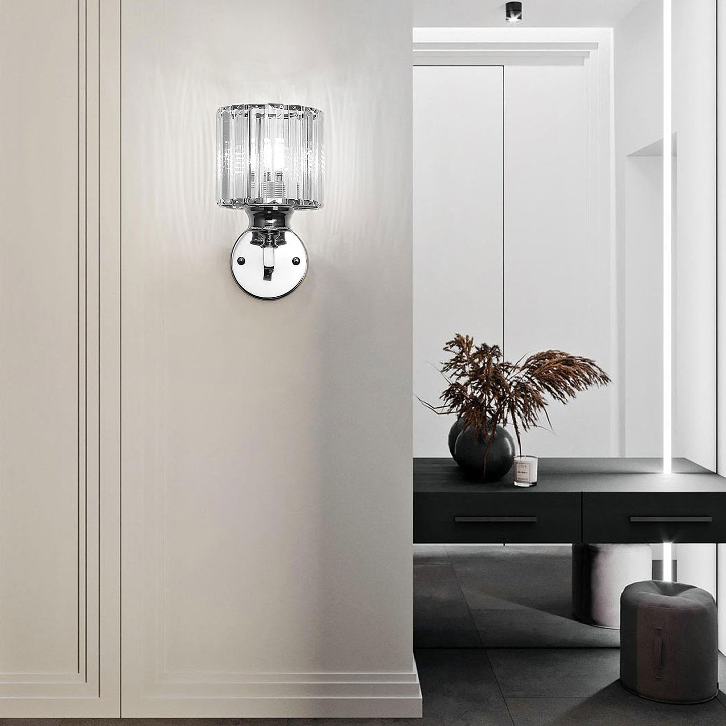 Crystal Wall Light Sconce, E27 Silver Crystal Wall Lamp, Wall Lighting Fixtures for Bedside Bedroom Living Room Hallway