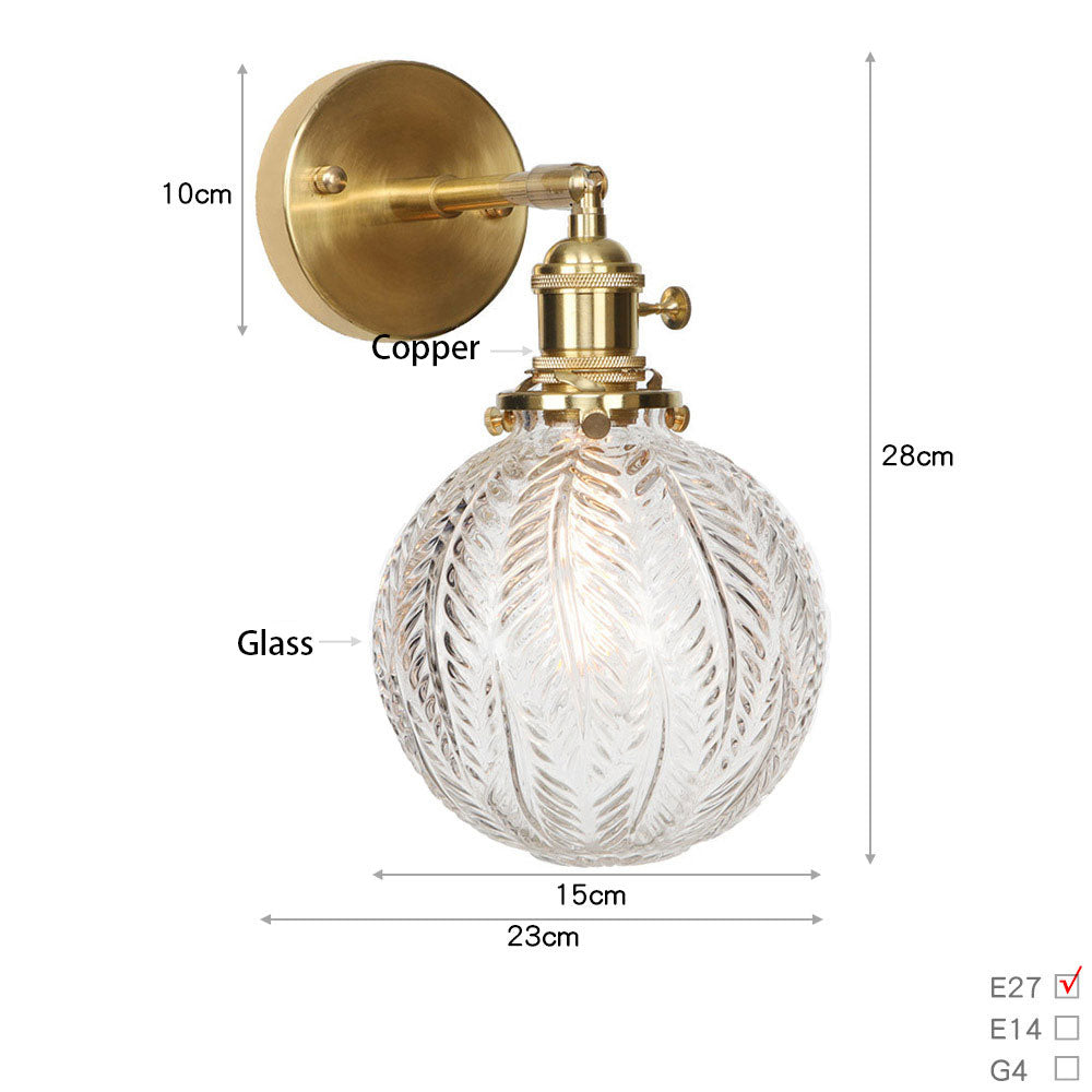 Copper Wall Light with Leaf Patterned Globe Glass | Soft Ambient Light
