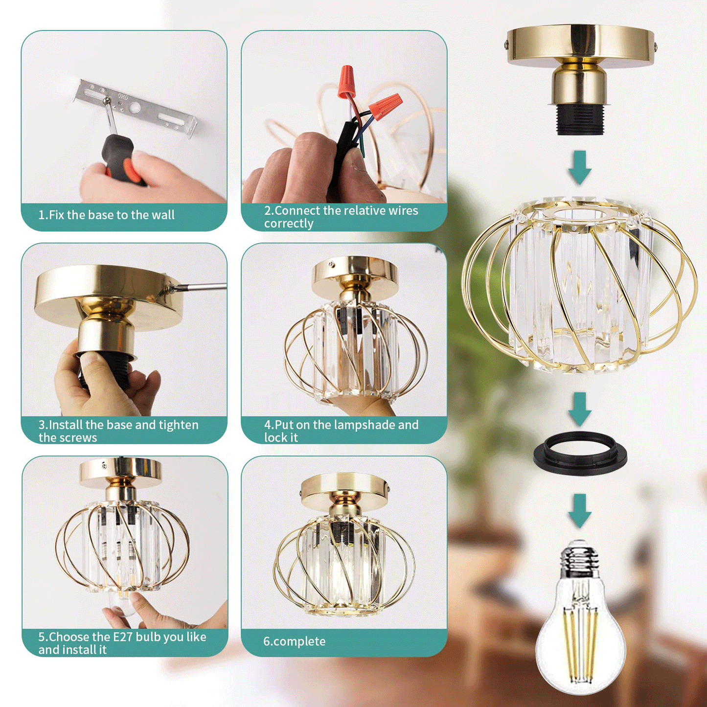 Gold Crystal Ceiling Light Fixture, Flush Mount Ceiling Chandeliers for Hallway Dining Rooms Living Room(Bulb Not Included)
