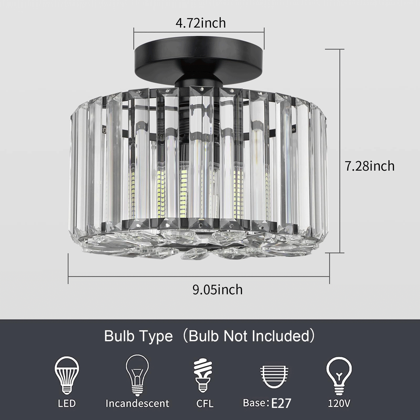 Crystal Ceiling Light for Bedroom Hallway Kitchen Bathroom，Blck(Bulb Not Included)
