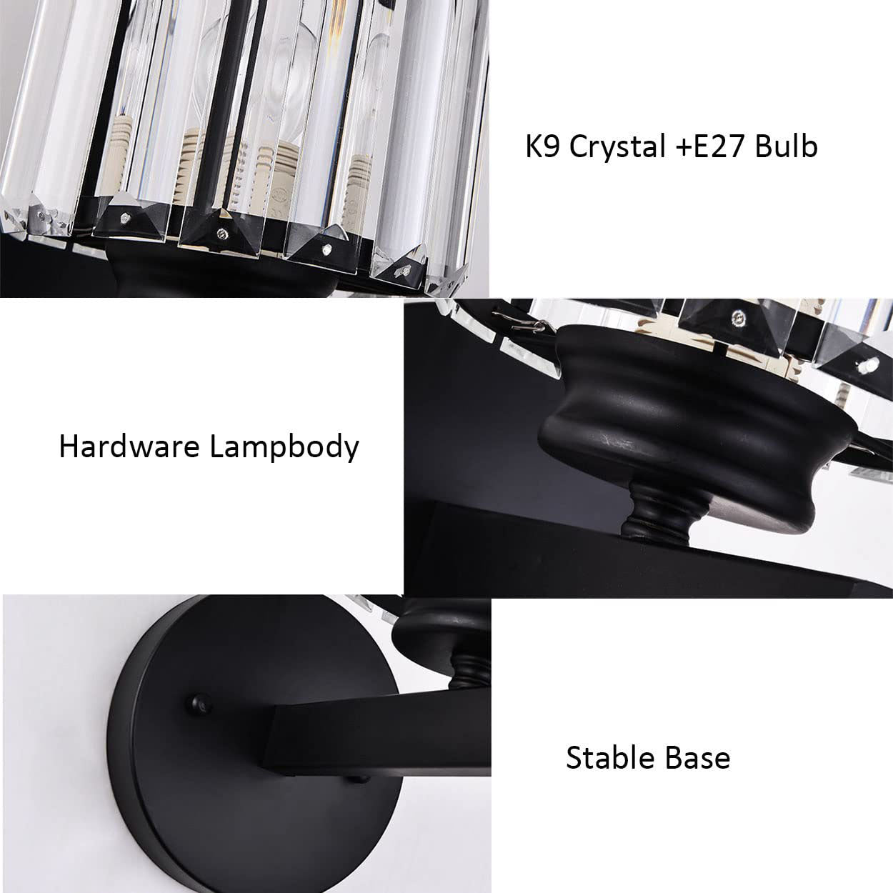 Crystal Wall Light, Blck Crystal Wall Lamp Sconce Lighting, E27